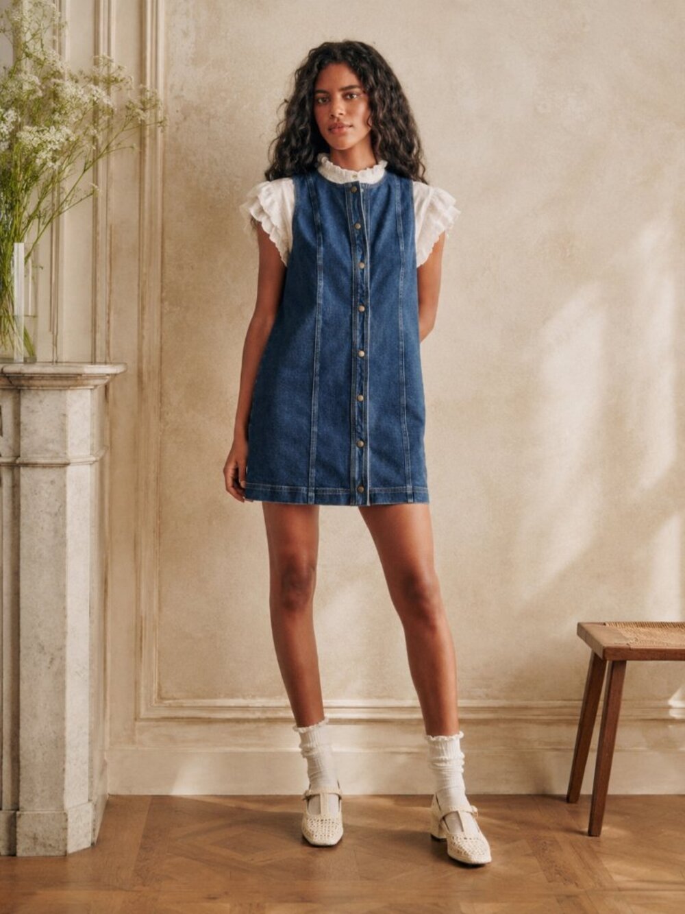 SEZANE Leonie Denim Blue Organic Cotton Button Front Mini Shift Dress